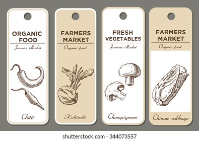 Vorlage für Etikettendesign mit gezeichnetem Gemüse. Chili, Kohlrabi, Pilze, Chinakohl. Kann für veganische Produkte, Broschüren, Banner, Restaurant-Menü, Landwirte Markt verwendet werden