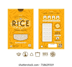 Template label and icons for rice packaging. Design with illustration in linocut style 