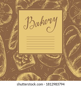 Vorlage für Etiketten, Menüs, Poster für Bäckerei, Café oder Shop mit Platz für Text. Backwaren-Elemente und Schriften. Vintage-Design. Handgezeichnete Vektorgrafik.