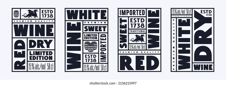 Template label for white and red wine. Vector illustration. Black print on white background