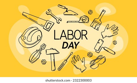 Template for Labor Day brochure, poster, flyer or banner. Construction tools. Helmet, tape measure, brush, wrench, work gloves, pliers, saw, roller, hammer