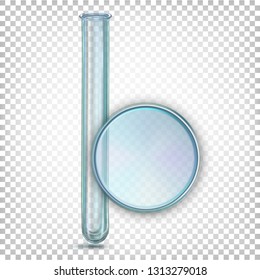 Template. Laboratory empty glass test tube. Enlarged under the microscope. Vector illustration on a transparent background.