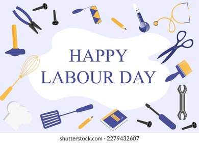 Template of labour day banner with different instruments and tools.