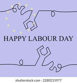 Banner de plantilla del día laboral con fondo de la bandera de la ue en la llave inglesa de la línea de arte.