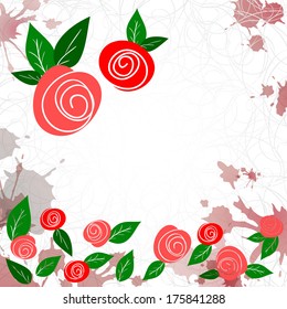Template with laconic cartoon pink roses and green leaves on light background with splashes along the edges. Spring floral pattern.