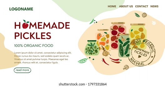 Template Of Landing Page About Home Food Canning. Banner With Glass Jars Of Canned Vegetables, Fruits, And Spices On An Abstract Background. Concept Of Home Made Pickles. Cartoon Vector Illustration.