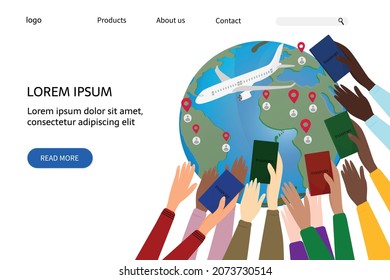 template of the landing page of agencies for processing documents, visas for travel, vacation, moving to another country. Vector illustration in a flat style. Plane and hands with passports
