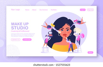 Template for landing page with beauty salon concept. Little flat people characters are makeup artist, stylist and browmaker. They serve a client using decorative cosmetics. Girl in make up studio.