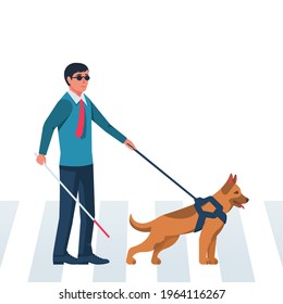 Template landing page blind man character with guide dog. Person with pet companion. Human with a white cane on street. Vector illustration flat design. Isolated on white background. Web banner.