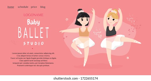 Template of landing page of the children's ballet school. Two small ballerinas in different dance positions on a pink background. Banner of the choreography school for girls. Cute vector illustartion.