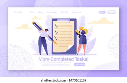 Template for landing page with concept of planning schedule for goal achievements. Two business people character mark completed tasks in to-do list. Man mark checklist using pen. Woman read task. 