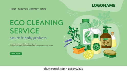 Template for the landing page for the eco cleaning service. Bottles, soap, spray, soda, brushes on an abstract cloud. Banner for non-toxic house cleaning. Concept of green home. Vector illustratration
