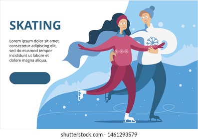 Template landing page with figure skating. Couple skating. Winter landscape.