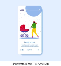 Template for landing page with Happy people walk outdoors in winter park. Woman with baby stroller have fun outdoor. Young mother carrying for child. Vector seasonal illustration.