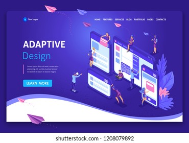 Página de inicio de plantilla Concepto isométrico de diseño de páginas web y desarrollo de sitios web móviles, diseño adaptativo, aplicaciones. Fácil de editar y personalizar.