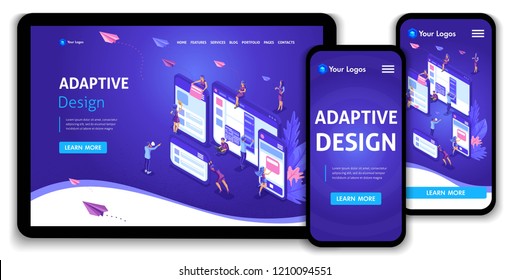 Template Landing page Isometric concept of web page design and development of mobile websites, adaptive design, applications. Easy to edit and customize, adaptiive ui ux.