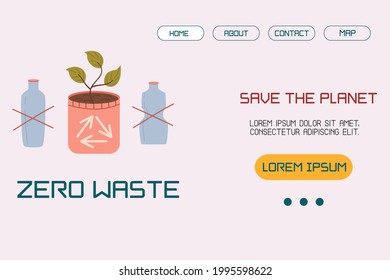 A template, a landing page layout with an illustration of no plastic, a home pot with a sprout concept of sustainable development or environmental protection. Vector illustration in a flat style.