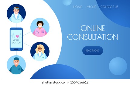 template landing page for medical site. Concept application of virtual medicine. Online consultation with doctor in chat and video call. Remote diagnosis and treatment. Vector  flat illustration