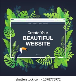 Template for landing page, mobile website, web page with bright tropical summer leaves and funny toucan. Create your own website using these trendy elements in flat design style. 
