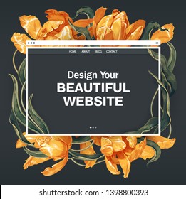 Template for landing page, mobile website, web page with blooming yellow tulips flowers and leaves. Create your website using these hand drawn, vector, flowers in realistic style.