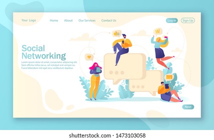 Template for landing page, mobile website development and web page design with flat people characters chatting with phones and tablets on social media, networking. Take a selfie, exchange text message