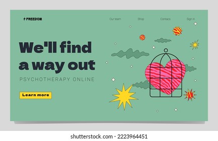 The template of the landing page for psychotherapy, coaching. Surreal futuristic illustration with a heart in a cage surrounded by stars, clouds.