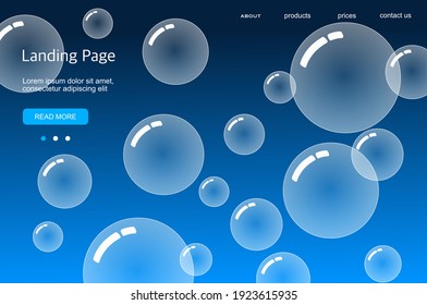 Template For Landing Page, Soap Bubbles, Dark Blue Background. Cartoon Style