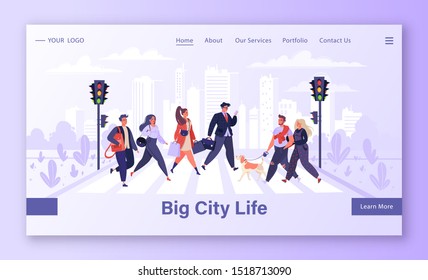 Template for landing page with trendy, vector illustration depicting vibrant life in a big metropolis. Pedestrians walking on city street. People moving by road on background with urban skyscrapers.