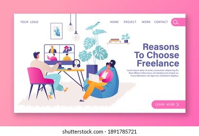 Template for landing page, web page design with vector illustration remote work, work from home theme. Couple of young people working at computer and laptop in cozy and comfortable home interior.