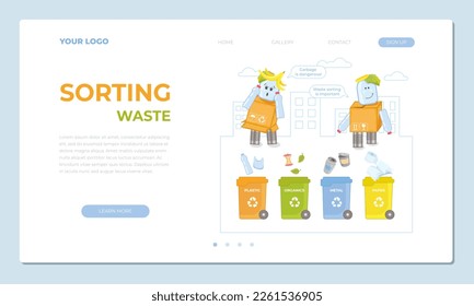 Template landing page website about waste sorting. Concept of trash sorting and recycling, waste sorting. Modern vector illustration for the website.