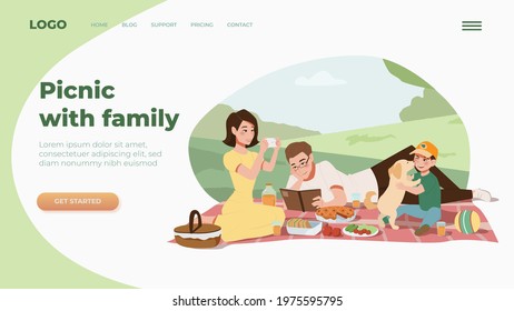 Template landing page for website with family picnic. Flat vector illustration