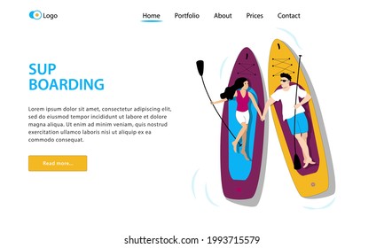 Template for landing page. Young couple man and woman lying on paddle boards and holding their hands. Romantic scene illustration. 