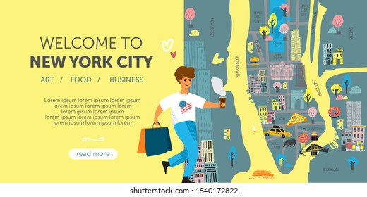 The template for a landing to travel to New York. Stylized decorative map with symbols of american city for the banner on the website for tourists. Cute cartoon flat vector illustration