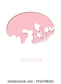 Template for laser cut with easter bunny with flower inside paper oval. Easter greeting card with rabbit silhouette. 