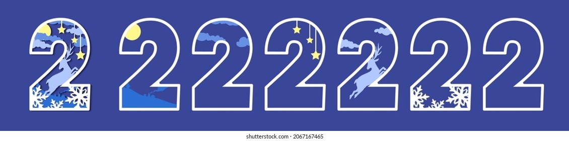 Template for laser cut with layers. New Year and Christmas decoration with  deer, snowflakes, moon and stars. Wooden coloring toy. Vector illustration.