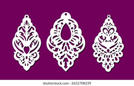 Modelo para brinco de corte a laser de abertura. CNC , estêncil de gravação Pingente decorativo de lágrima com padrão ornamental para a fabricação de joias, DIY