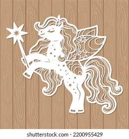 Template for laser cutting of any materials. Unicorn with a magic wand. Fairy tale characters for children. For the design of postcards, interior decorations, Christmas decorations, engraving, stencil