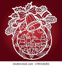 Template for laser cutting. Christmas bell with spruce, holly branches and bow. Vector