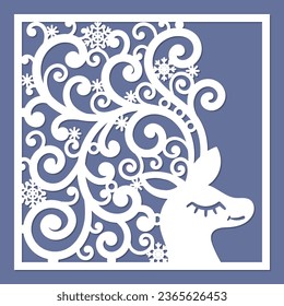 Template for laser cutting of a Christmas or New Year card. Square composition. Deer head with openwork antlers. For the design of cards, congratulations, invitations, interior elements, etc. Vector