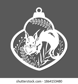 Template for laser cutting of a Christmas tree toy. Christmas decoration for the window. Paper cut vector illustration with forest animals. Happy new year silhouette design squirrel in leaves.