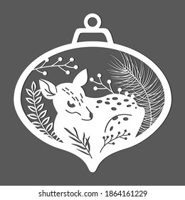 Template for laser cutting of a Christmas tree toy with a silhouette of a deer in the branches. Christmas decoration for the window. Paper cut vector illustration with forest animals.