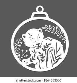 Plantilla para corte láser de un juguete de árbol de Navidad con una silueta de un oso en las ramas. Decoración navideña para la ventana. Ilustración vectorial de corte de papel con animales del bosque.