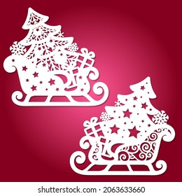 Template for laser cutting with a Christmas tree and gifts. For cutting from any material. For the design of Christmas tree decorations, Christmas cards, invitations and interior elements. Vector