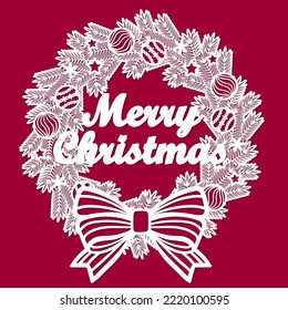 Template for laser cutting. Christmas wreath of fir branches with Christmas decorations and a bow. Lettering - Merry Christmas. For cutting any material. For the design of holiday decor, Christmas dec