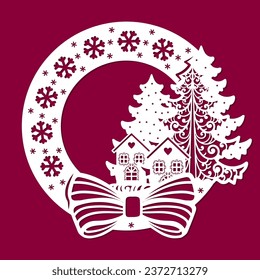 Template for laser cutting. Christmas wreath with ribbon decorations and a composition with a Christmas tree and a house. For the design of Christmas and New Year decorations, interior elements, Chris