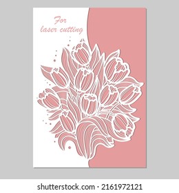 Template for laser cutting. Composition with a bouquet of tulips. Floral motifs. For the design of cards, wedding invitations, menus, congratulations and so on. For cutting any material. Vector