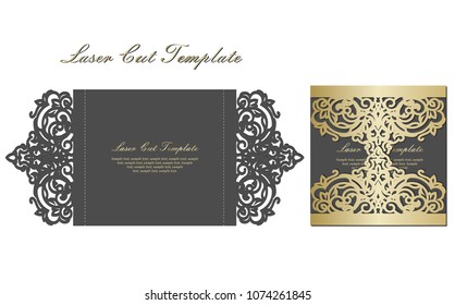 Template for laser cutting envelope with floral ornament in black and gold color.