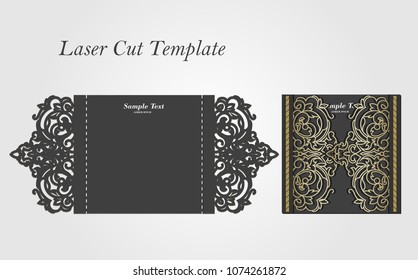Template for laser cutting envelope with floral ornament in black and gold color.