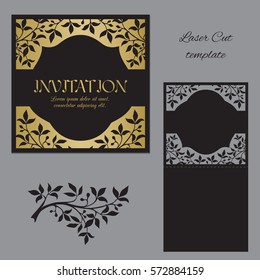 Template for laser cutting envelope with floral ornament in black and gold color.