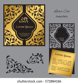 Template for laser cutting envelope with floral ornament in black and gold color.